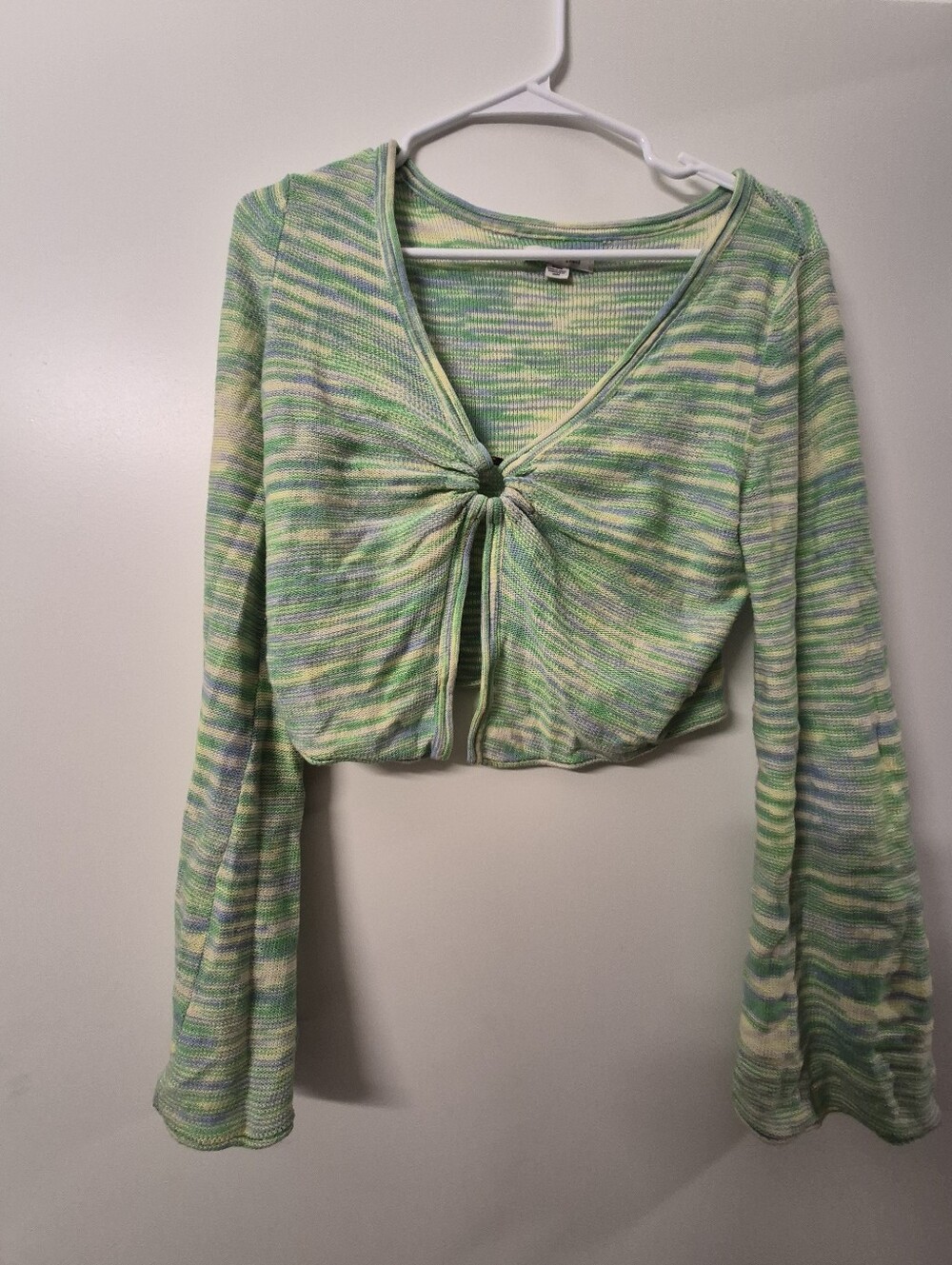 Light Green Tie-Front Knit Crop Top Flare Sleeve - American Eagle